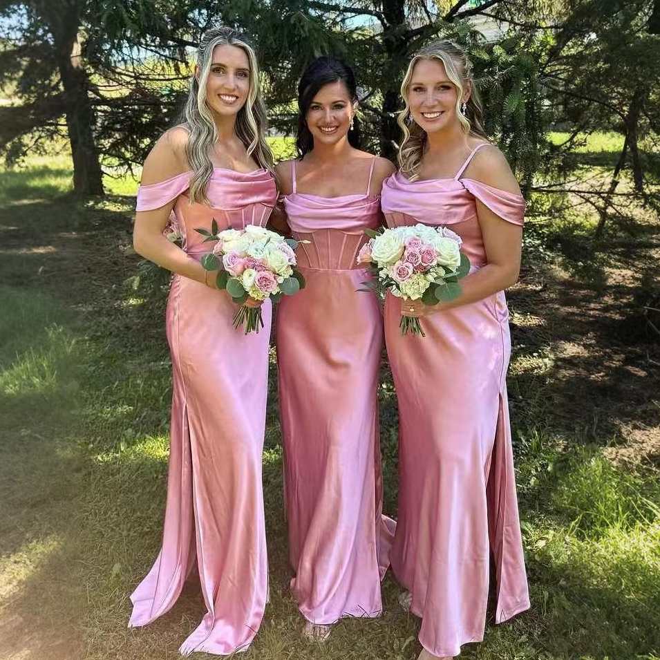 Decent Pink Off-The-Shoulder Sleeveless Side Slit Bridesmaid Dresses