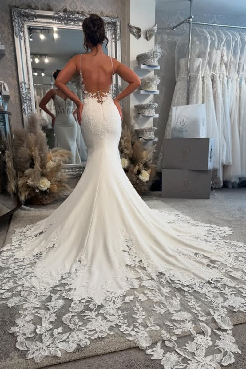 Wonderful Spaghetti Strap Backless Mermaid Wedding Dresses With Appliques