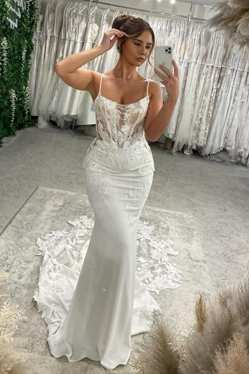 Charming Spaghetti Strap Soft Satin Mermaid Wedding Dresses With Appliques