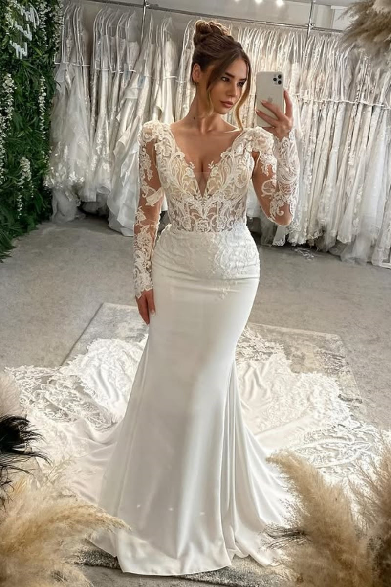 Elegant Soft Satin V-Neck Long Sleeves Backless Mermaid Wedding Dresses With Appliques