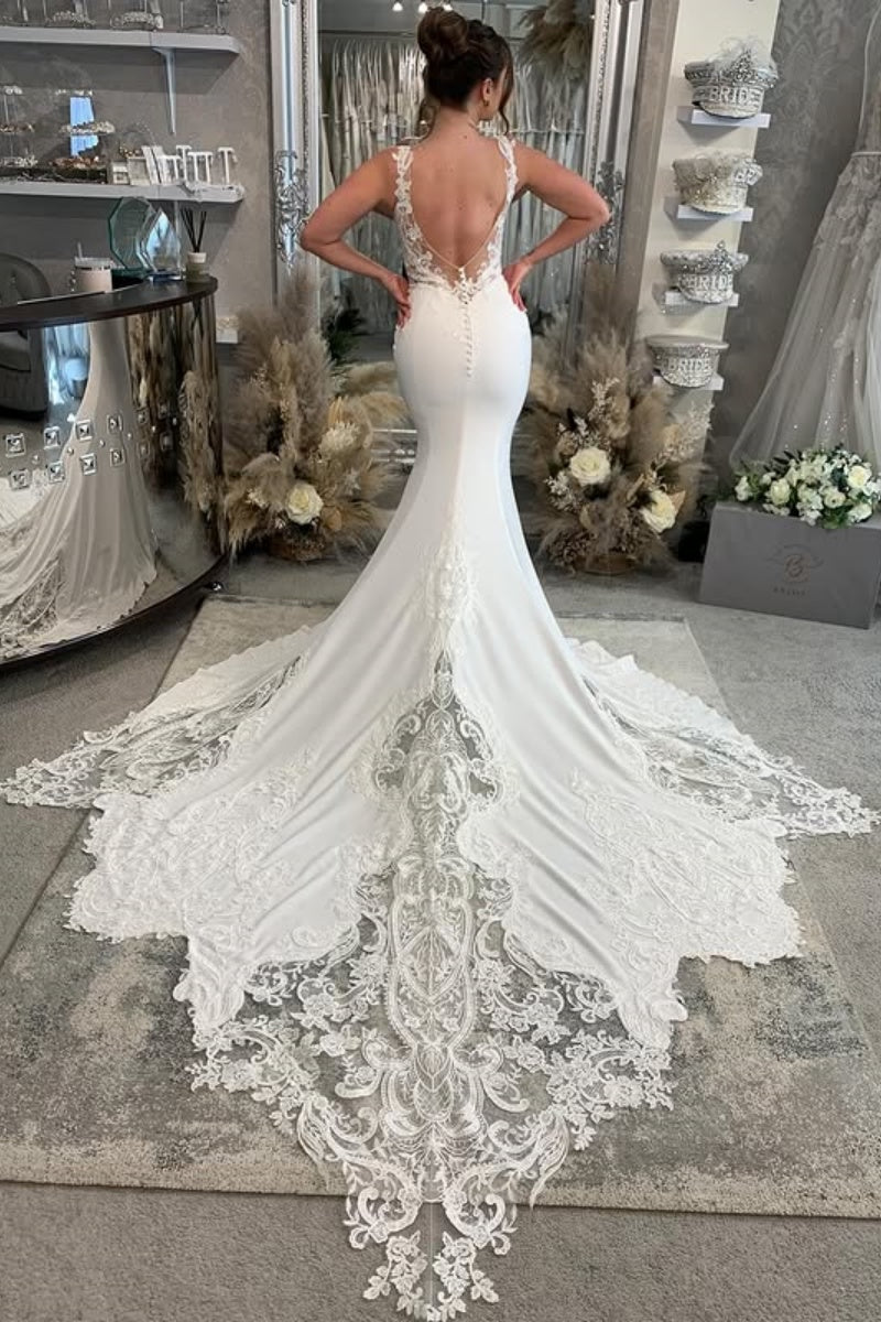 Simple V-Neck Soft Satin Mermaid Backless Wedding Dresses With Appliques