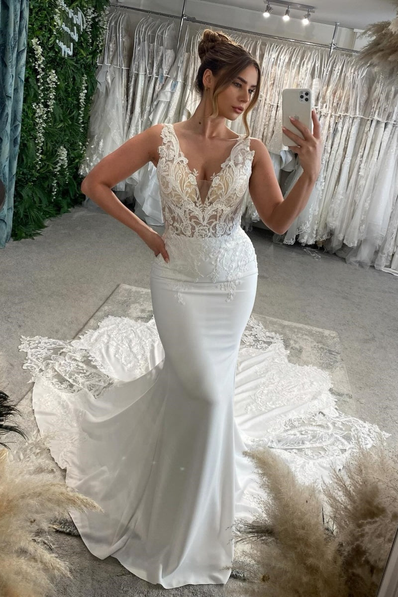 Simple V-Neck Soft Satin Mermaid Backless Wedding Dresses With Appliques