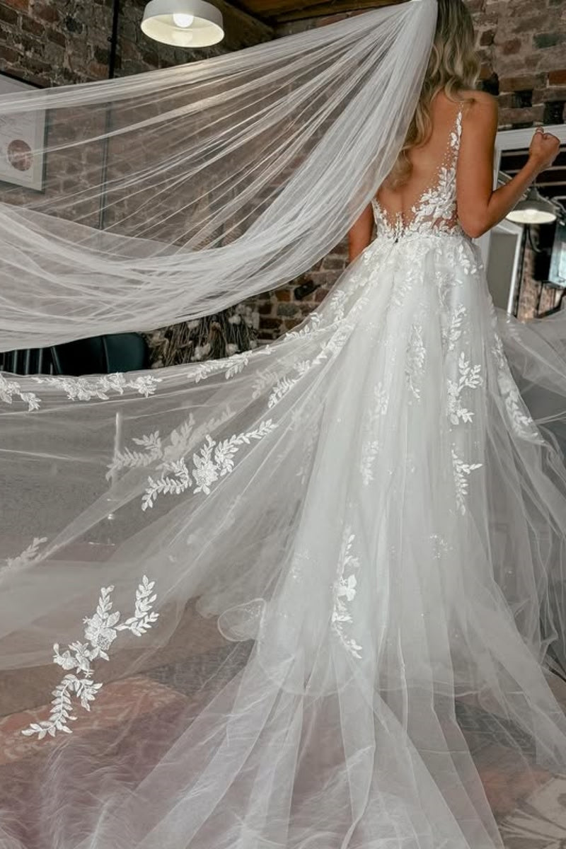 Mild V-Neck Tulle A-Line Backless Wedding Dresses With Appliques