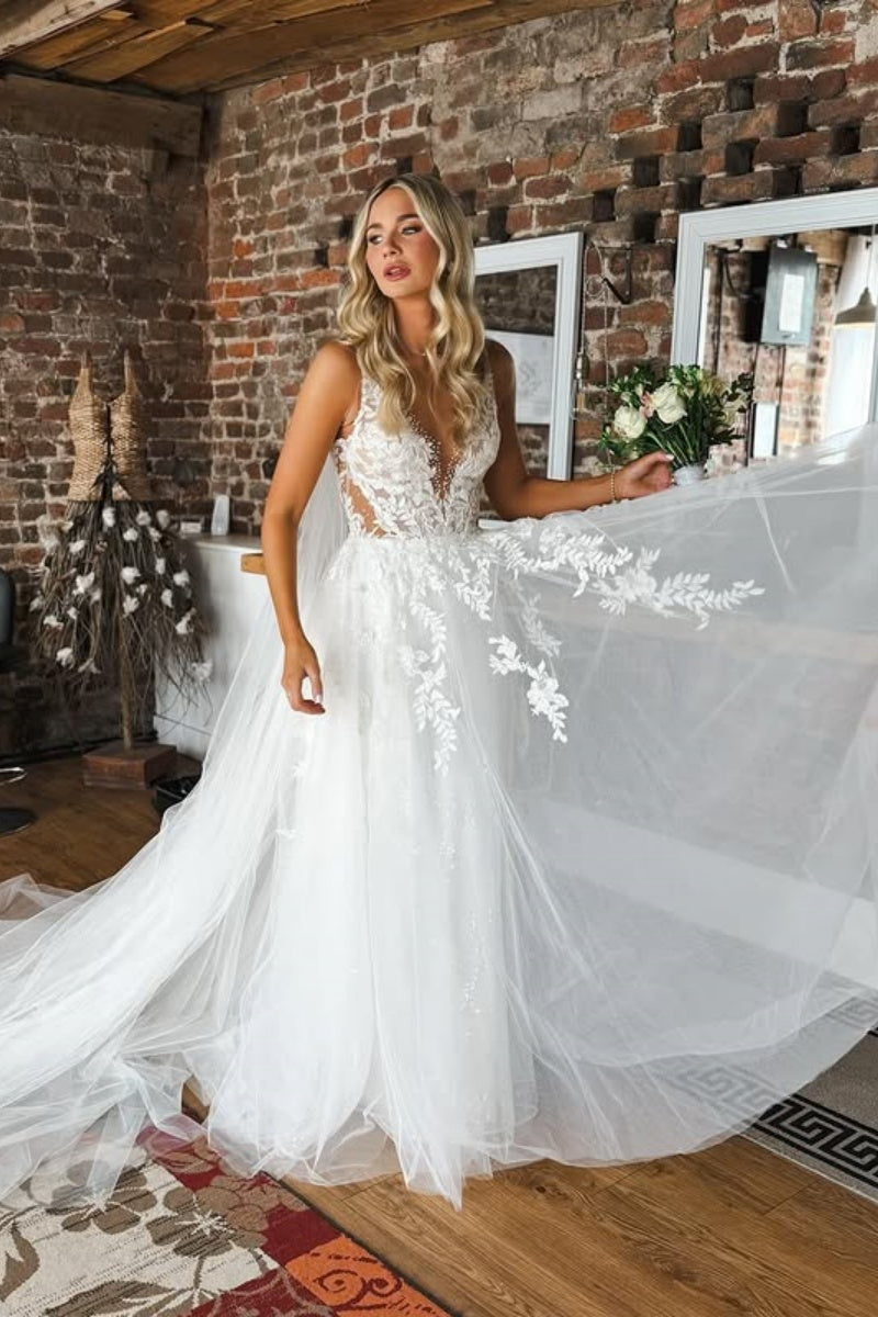 Mild V-Neck Tulle A-Line Backless Wedding Dresses With Appliques
