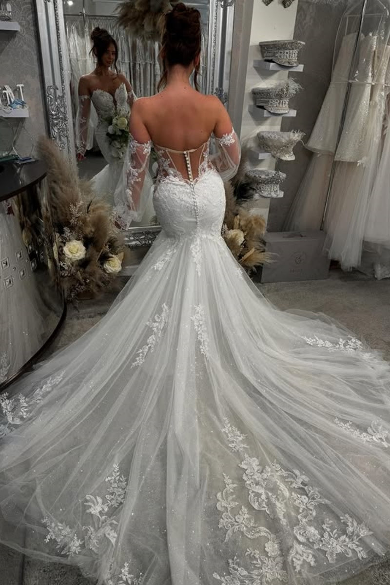 Lovely Sweetheart Tulle Backless Appliques Mermaid Wedding Dresses With Puff Sleeves