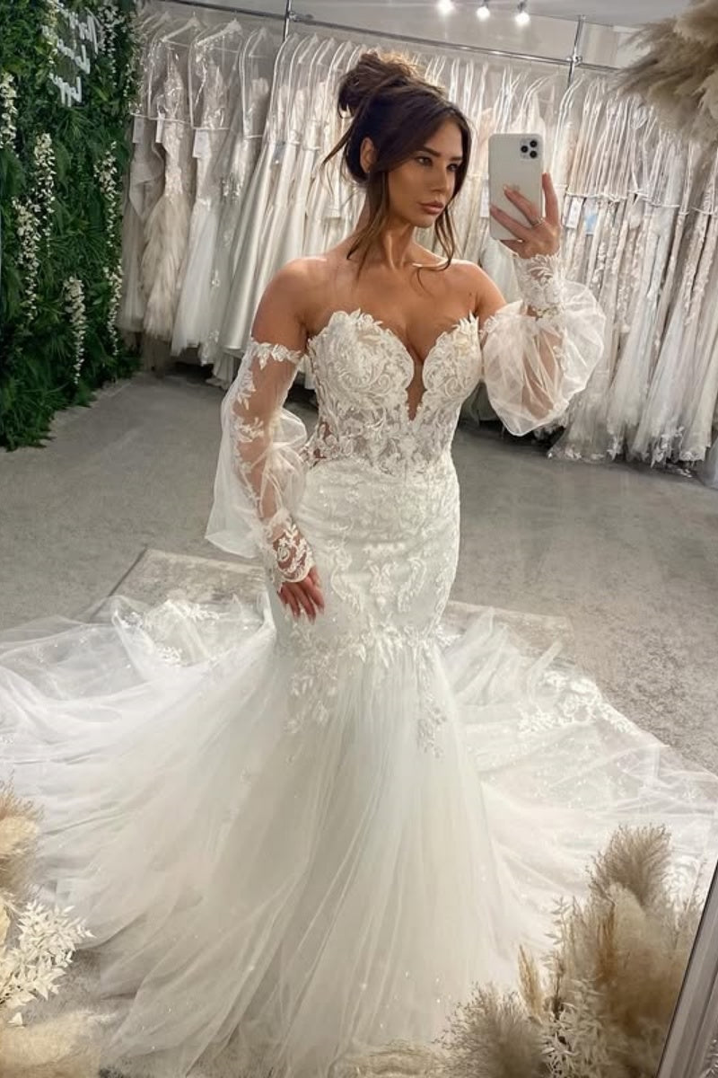 Lovely Sweetheart Tulle Backless Appliques Mermaid Wedding Dresses With Puff Sleeves