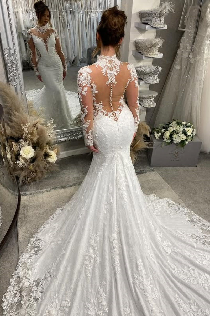 Elegant High Collar Lace Long Sleeves Mermaid Wedding Dresses With Appliques