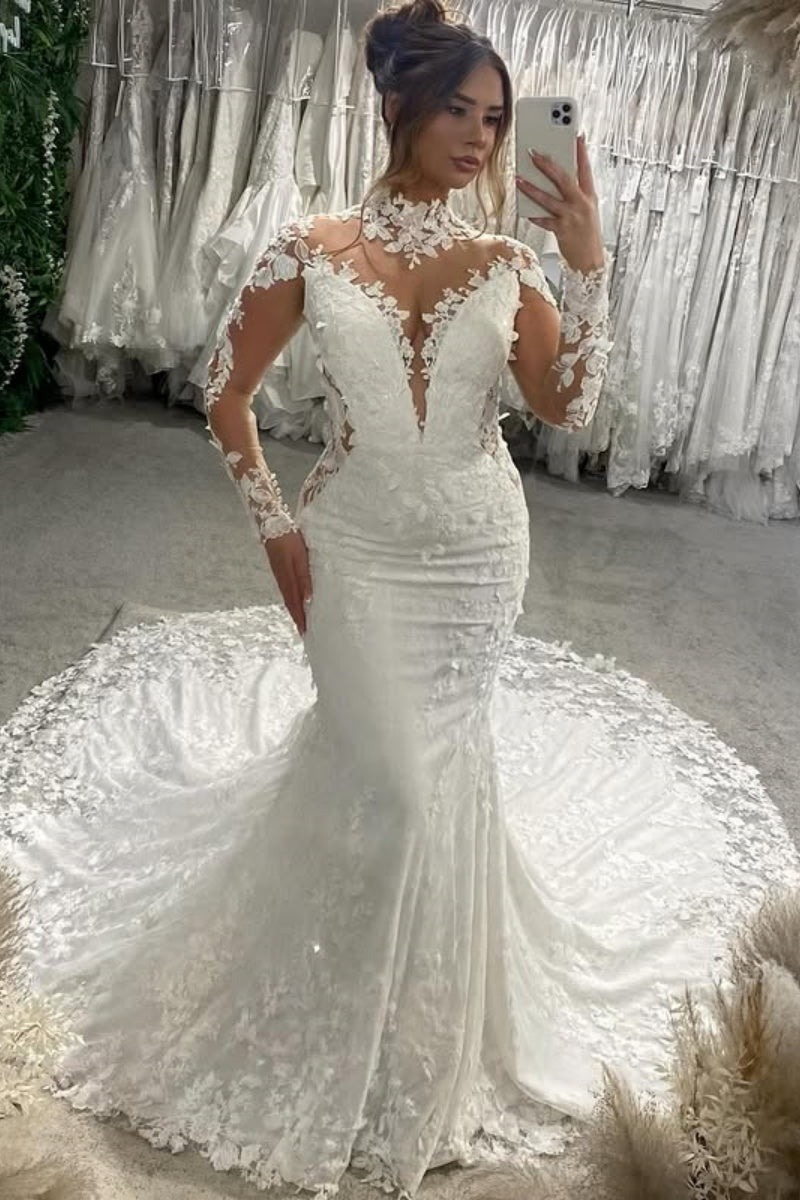 Elegant High Collar Lace Long Sleeves Mermaid Wedding Dresses With Appliques