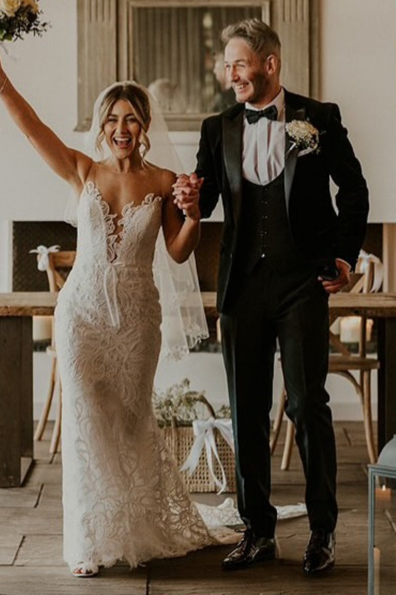 Simple Jewel Lace Mermaid Wedding Dresses