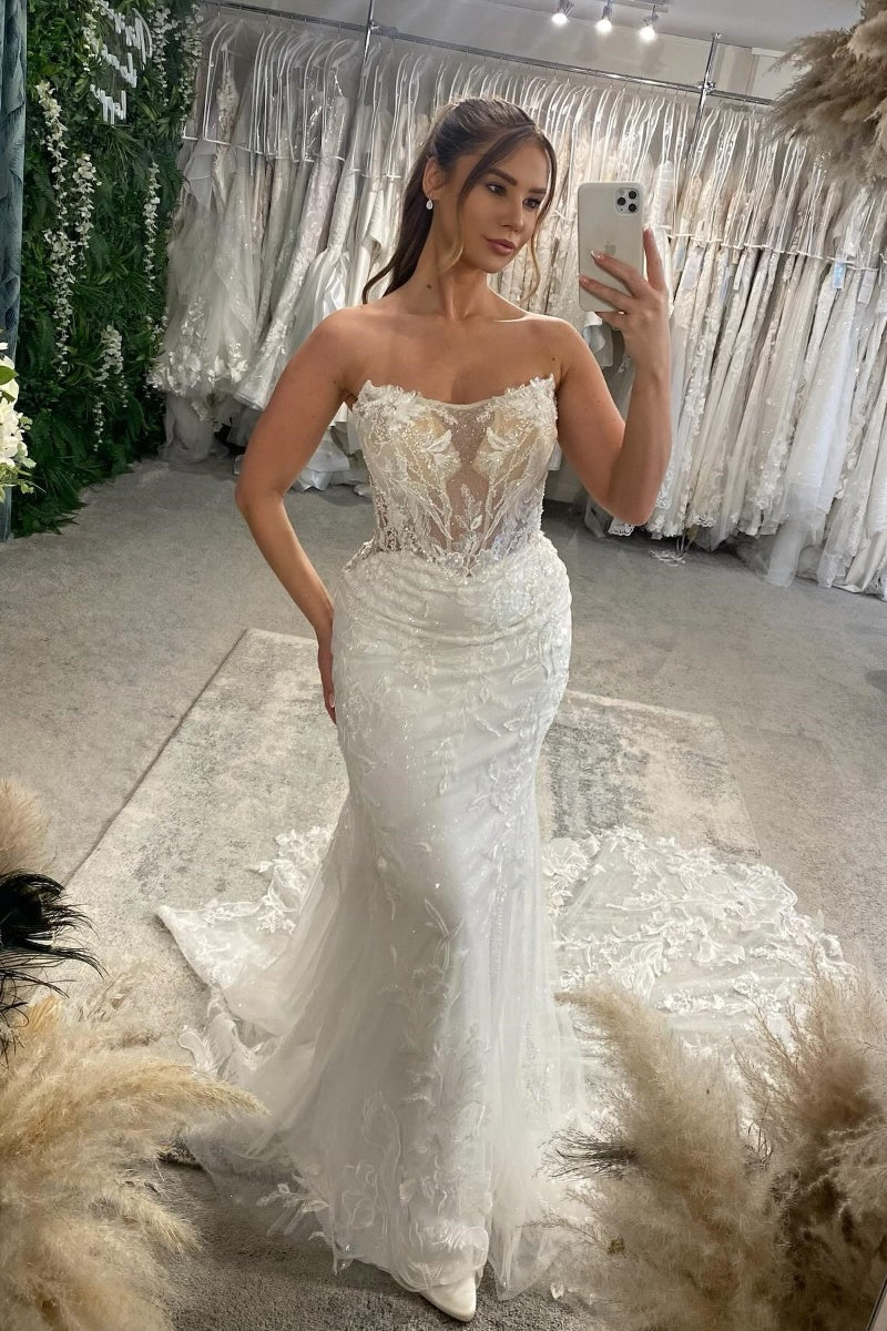 Sparkle Strapless Appliques Mermaid Backless Wedding Dresses