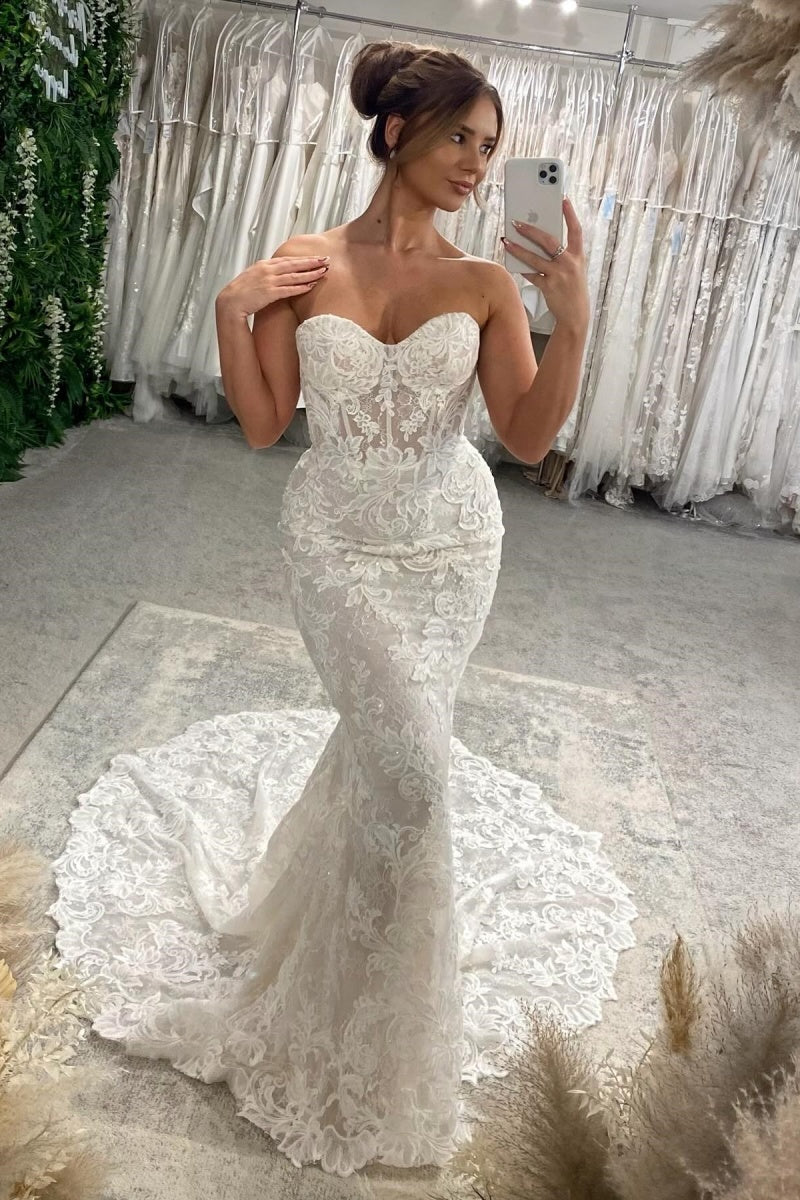 Intellectuality Strapless Lace Mermaid Wedding Dresses With Waistcoat