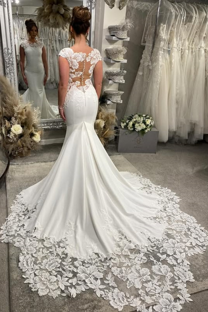 Generous Jewel Soft Satin Sleeveless Mermaid Wedding Dress With Appliques