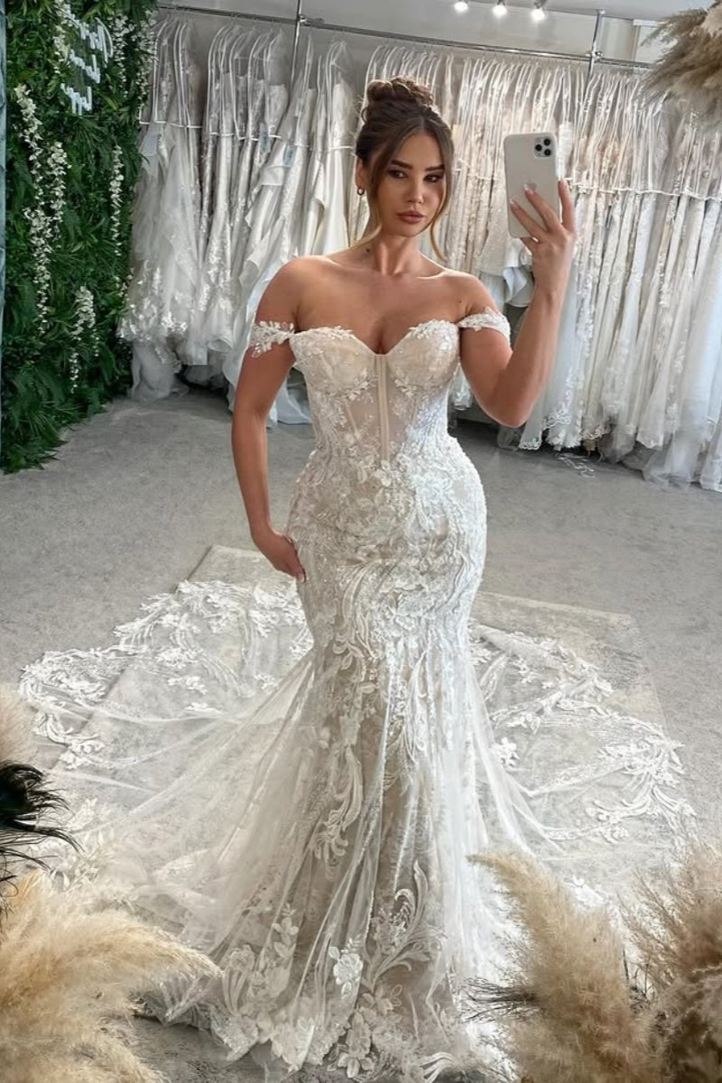 Off-The-Shoulder Lace Backless Mermaid Lace Up Wedding Dresses With Appliques