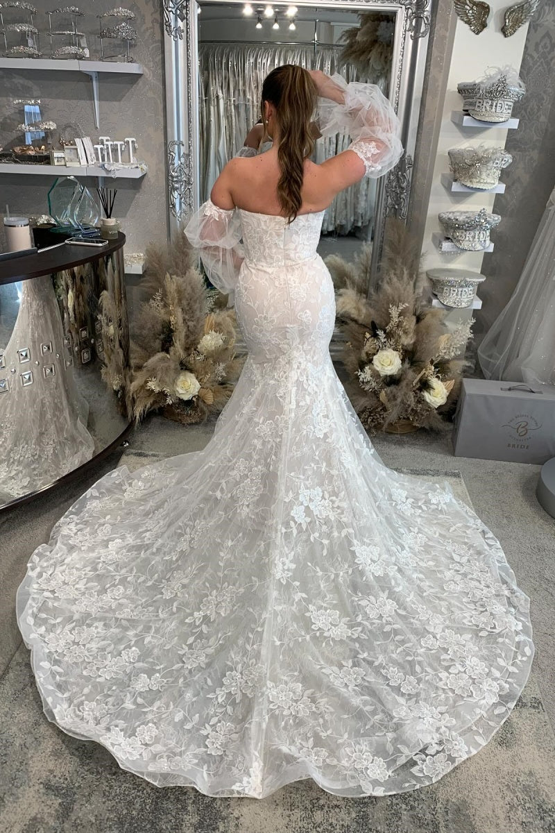 Mild Strapless Lace Mermaid Wedding Dresses With Puff Sleeves