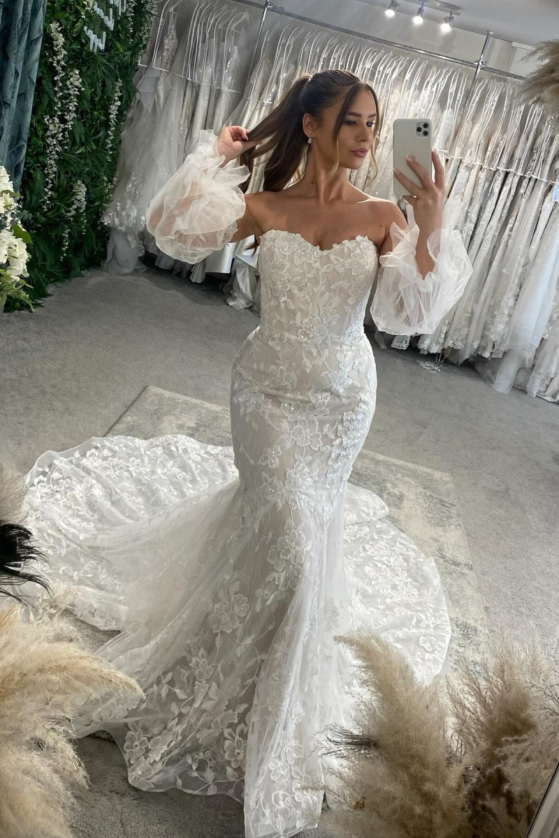 Mild Strapless Lace Mermaid Wedding Dresses With Puff Sleeves