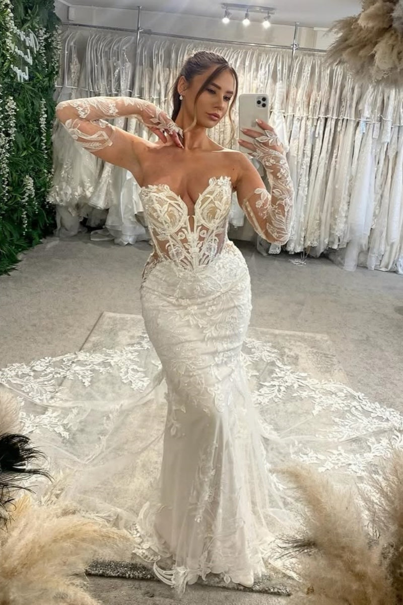 Sexy Sweetheart Lace Mermaid Wedding Dresses With Gloves