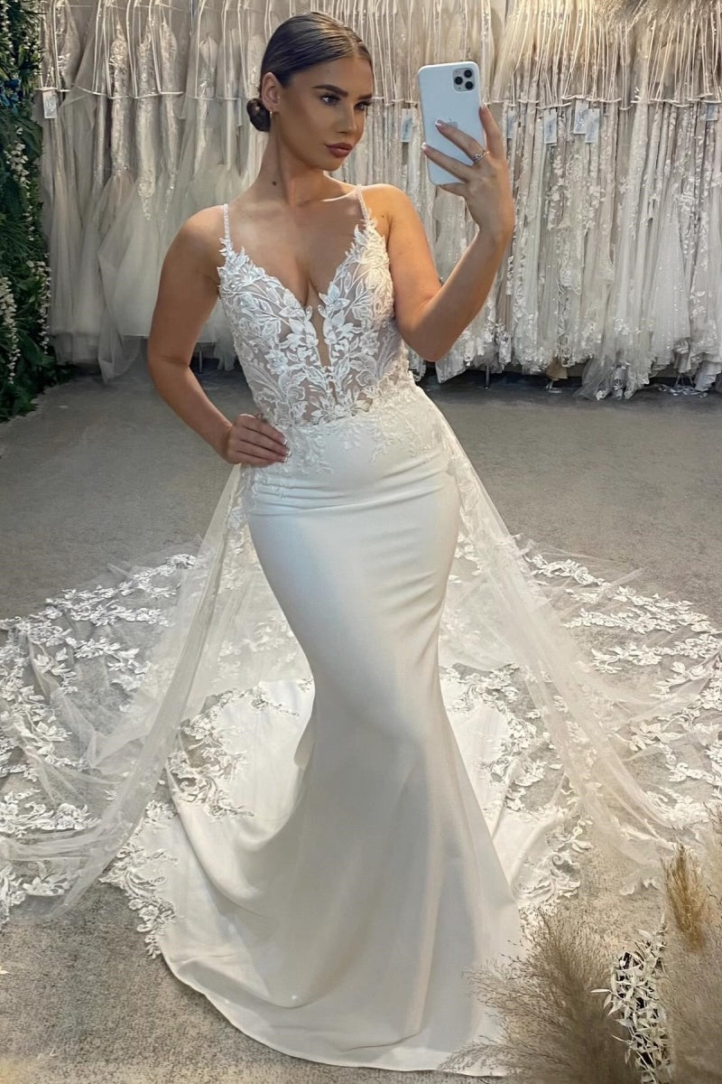 Charming Spaghetti Strap Soft Satin Mermaid Appliques Backless Wedding Dresses