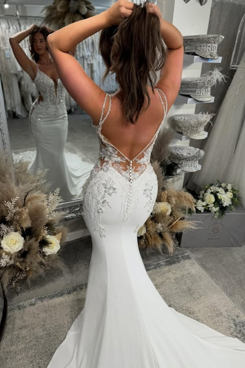 Handsome Spaghetti Strap Soft Satin Backless Mermaid Wedding Dresses With Appliques