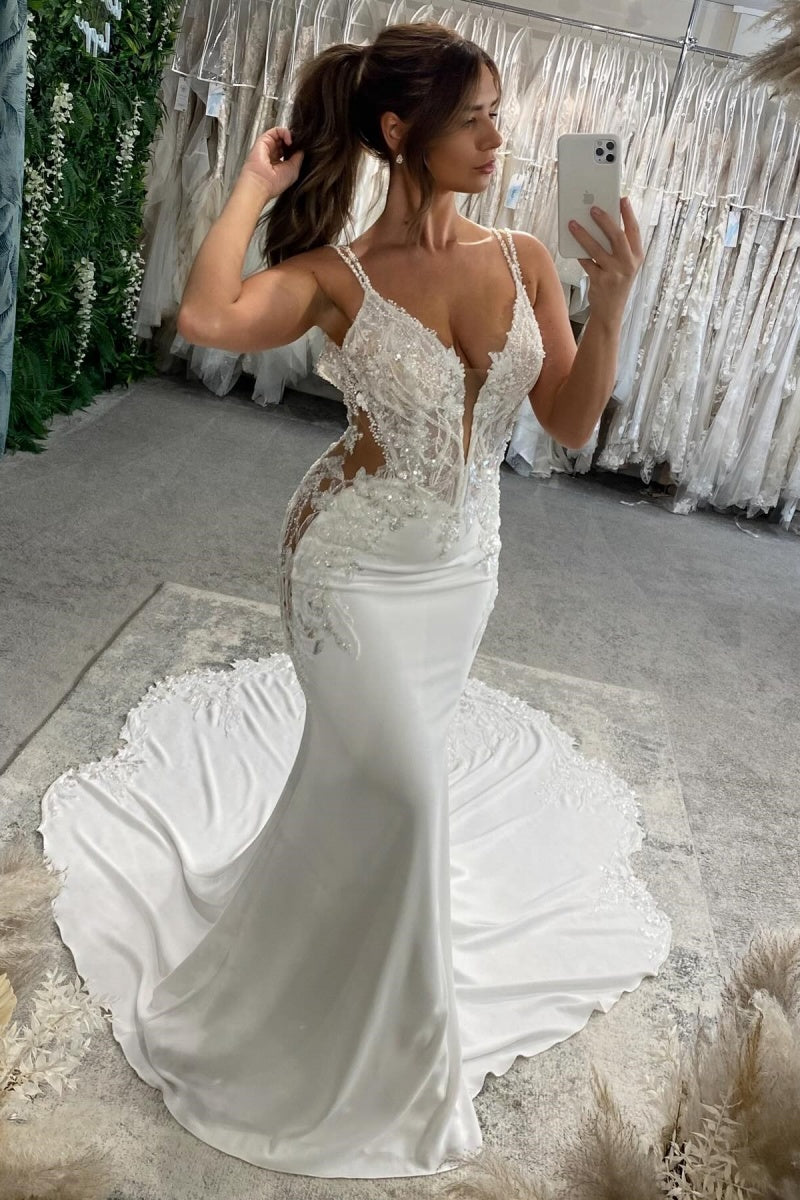 Handsome Spaghetti Strap Soft Satin Backless Mermaid Wedding Dresses With Appliques