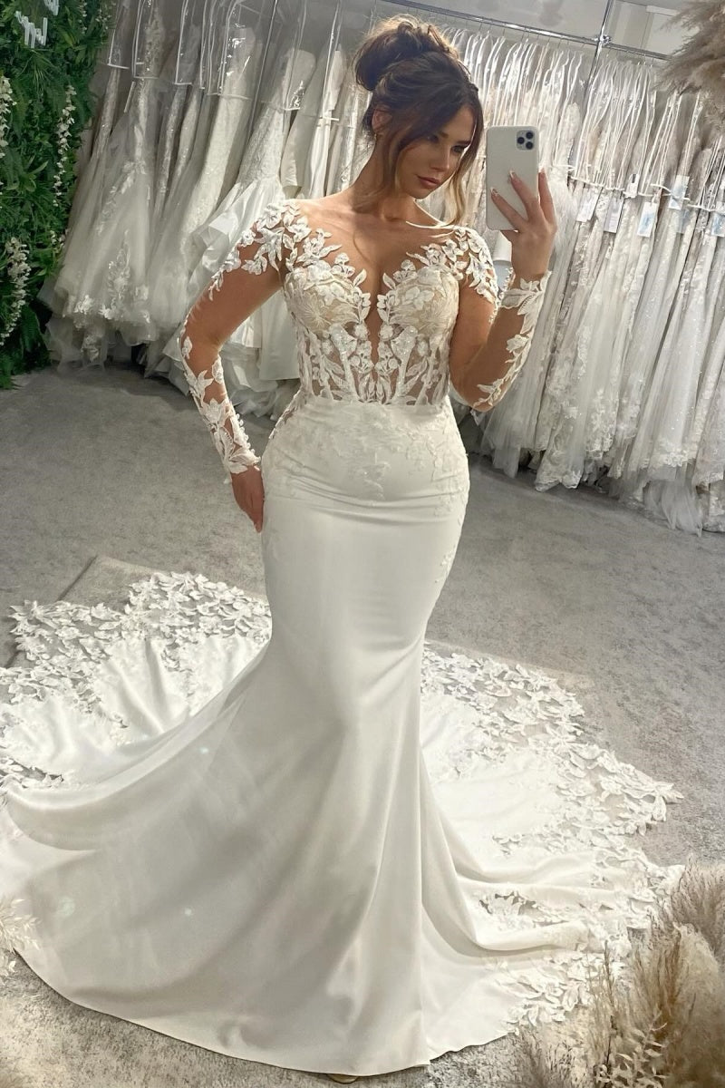 Generous V-Neck Long Sleeves Soft Satin Mermaid Wedding Dresses With Appliques
