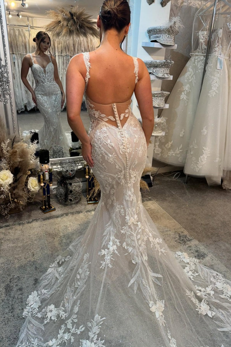 Spaghetti Strap Lace Open Back Mermaid Wedding Dresses With Appliques
