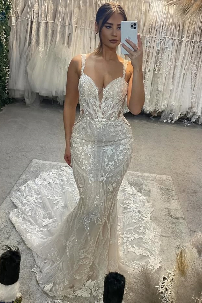 Spaghetti Strap Lace Open Back Mermaid Wedding Dresses With Appliques