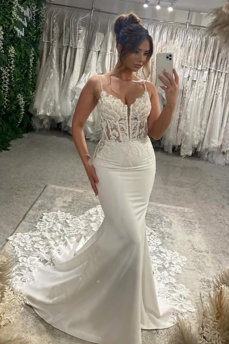 Simple Spaghetti Strap Soft Satin Mermaid Open Back Wedding Dresses With Appliques