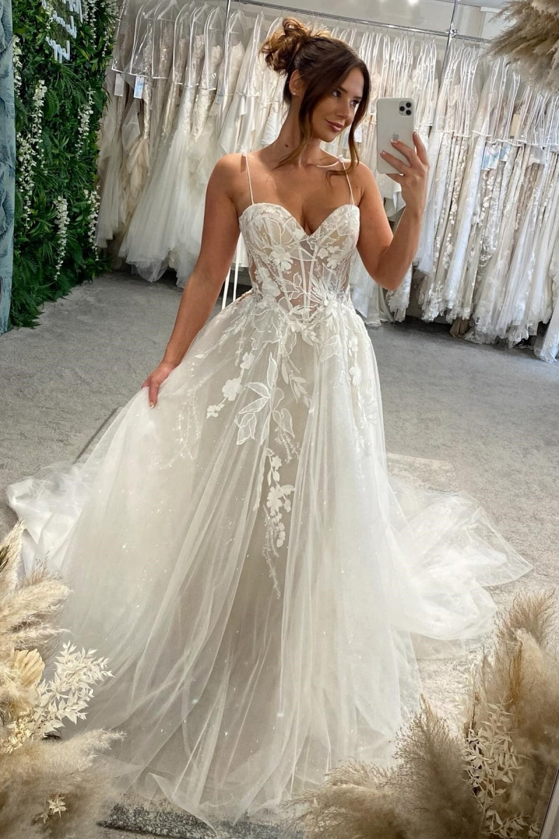 Beautiful Spaghetti Strap Tulle A-Line Open Back Wedding Dresses With Appliques