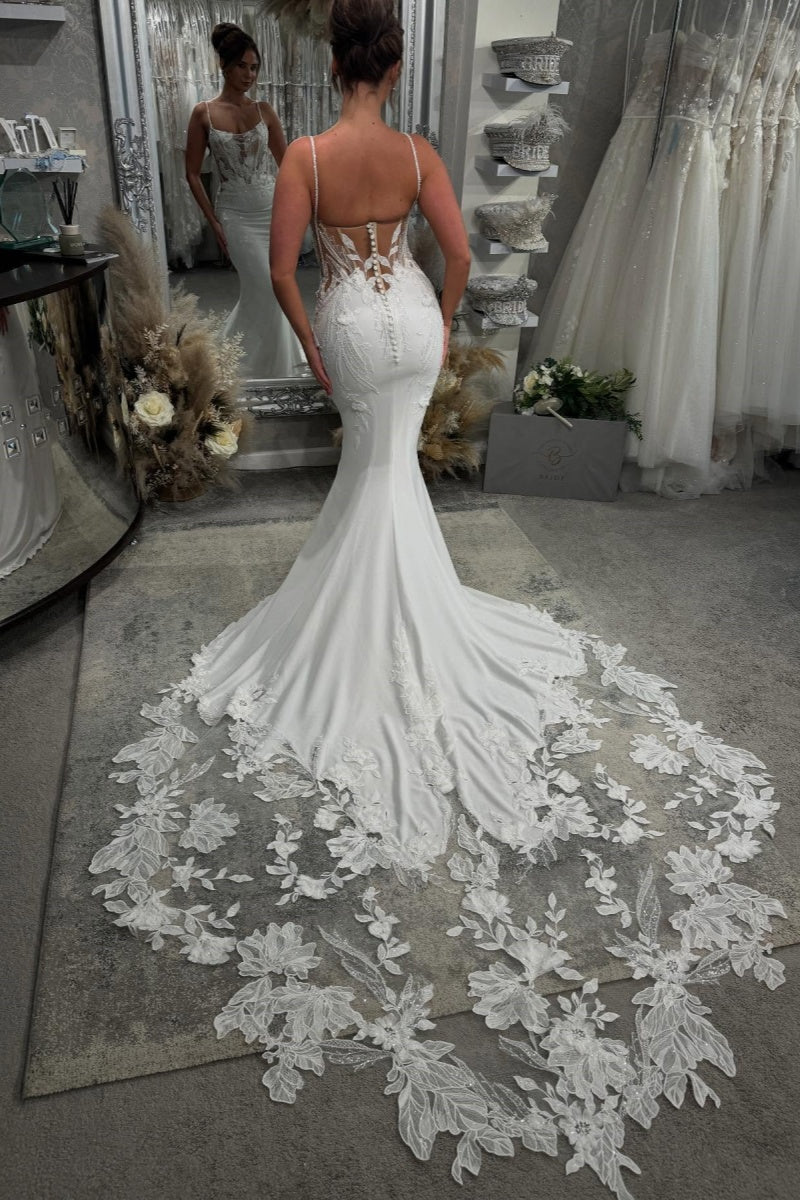 Fancy Spaghetti Strap Open Back Mermaid Wedding Dresses With Appliques