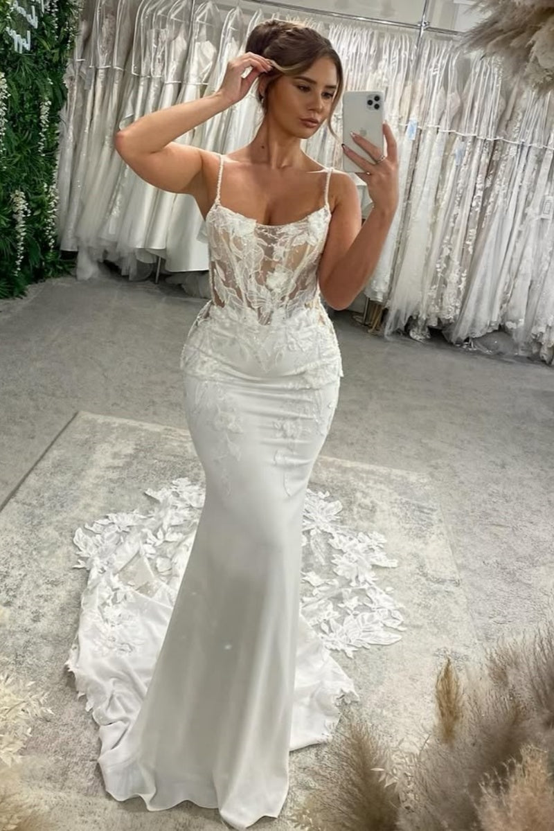Fancy Spaghetti Strap Open Back Mermaid Wedding Dresses With Appliques