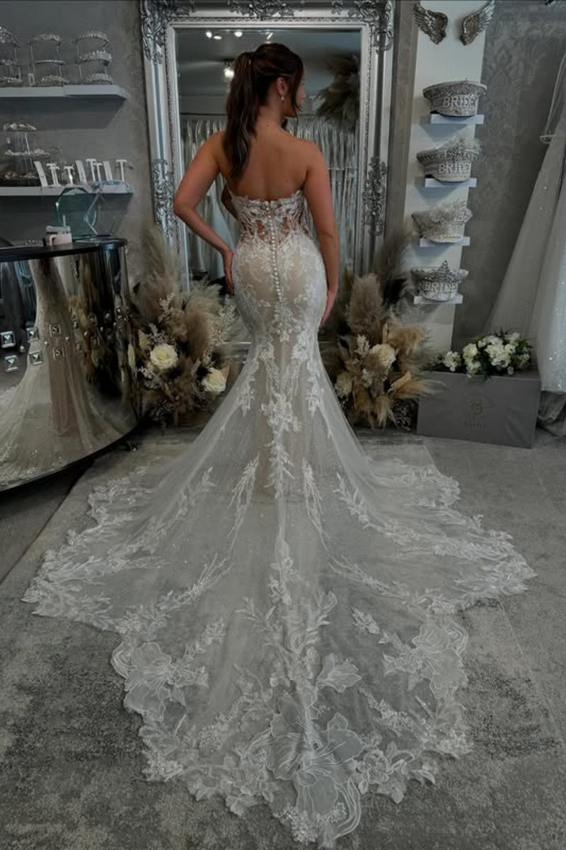 Ivory Strapless Mermaid Open Back Wedding Dresses With Appliques