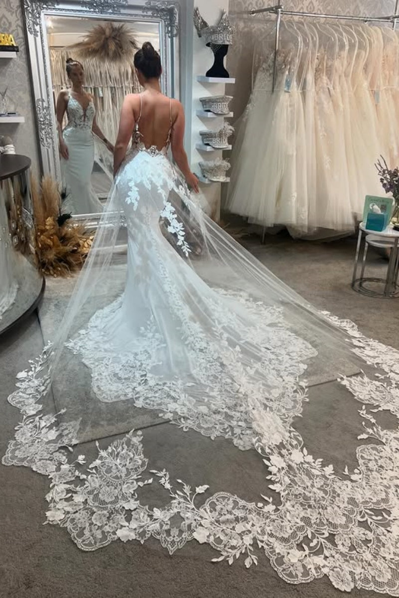Sexy Spaghetti Strap Soft Satin Mermaid Backless Wedding Dresses With Appliques
