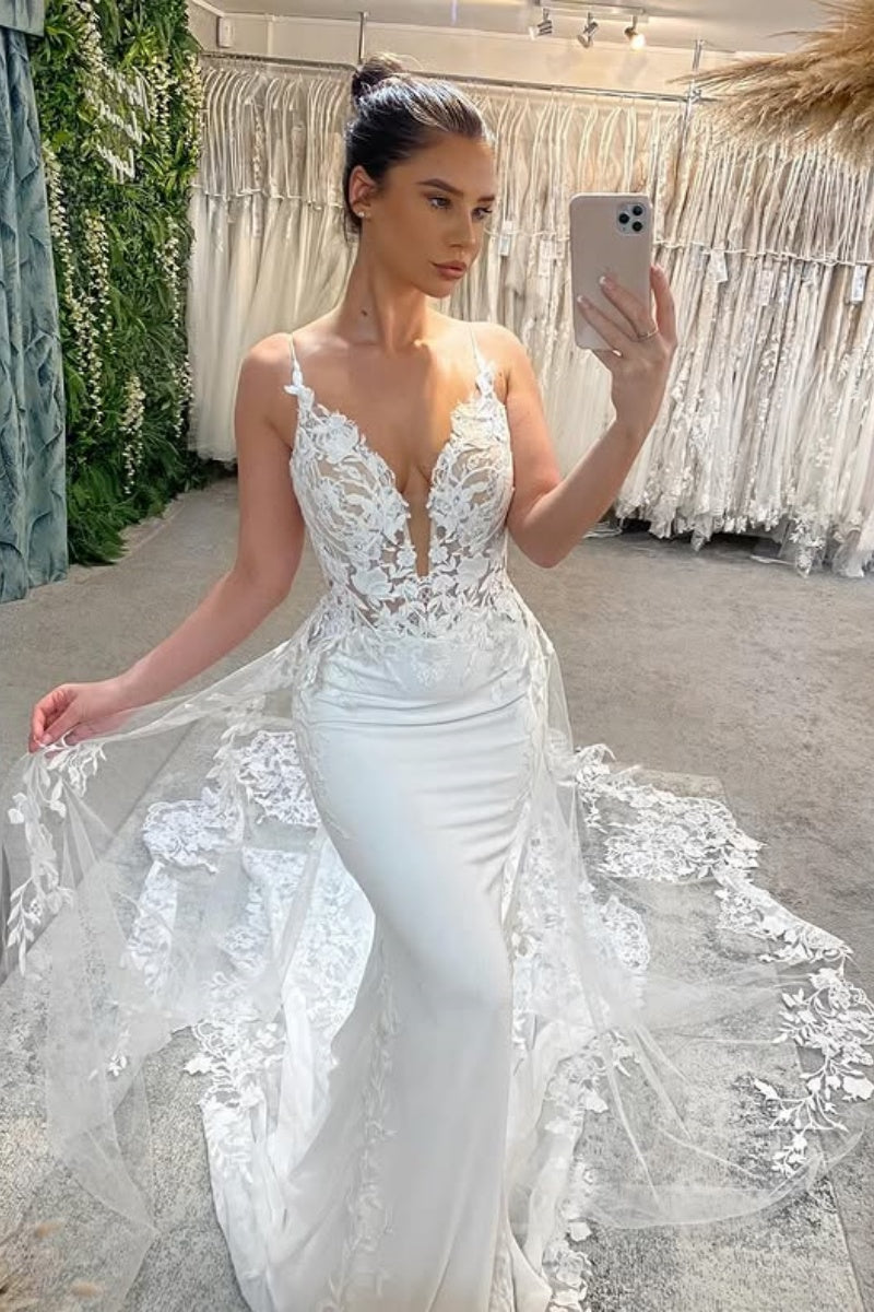 Sexy Spaghetti Strap Soft Satin Mermaid Backless Wedding Dresses With Appliques