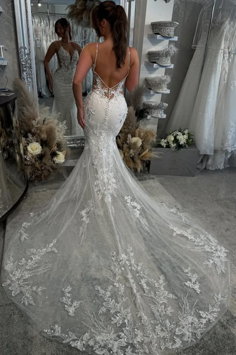 Fashion Spaghetti Strap Tulle Mermaid Backless Wedding Dresses With Appliques
