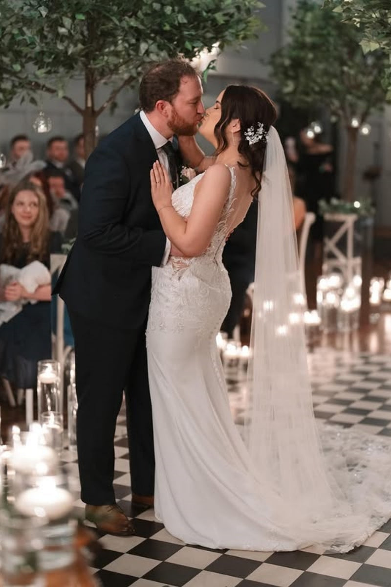 Simple V-Neck Soft Satin Sheath Open Back Wedding Dresses With Appliques