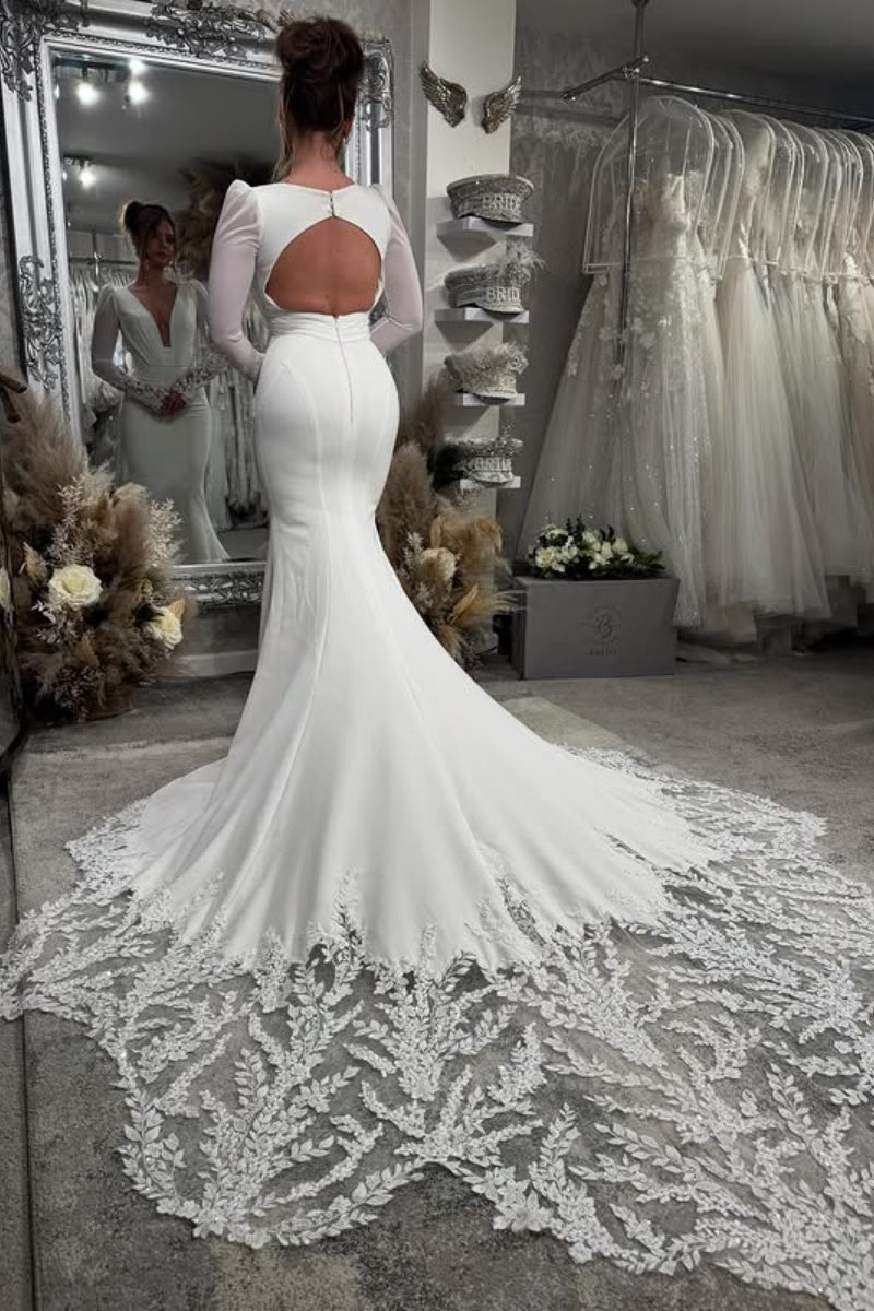 Honorable Soft Satin V-Neck Long Sleeves Mermaid Wedding Dresses With Appliques