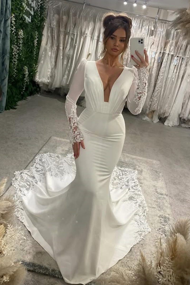 Honorable Soft Satin V-Neck Long Sleeves Mermaid Wedding Dresses With Appliques