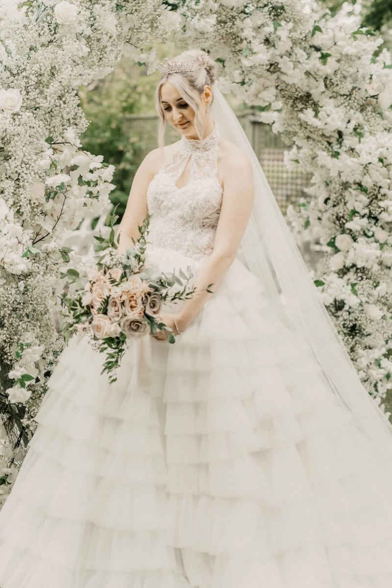 Elegant High Collar Tulle Puffy Layers Ball Gown Wedding Dresses With Appliques