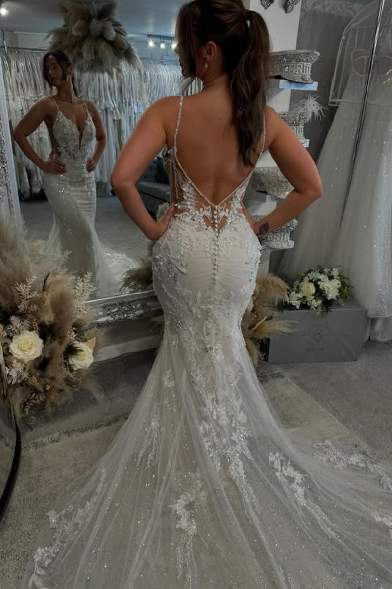 Beautiful V-Neck Beadings Mermaid Wedding Dresses With Appliques