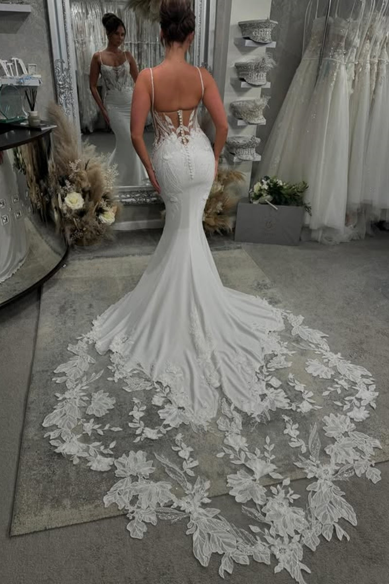 Wonderful Spaghetti Straps Tulle Appliques Mermid Wedding Dresses