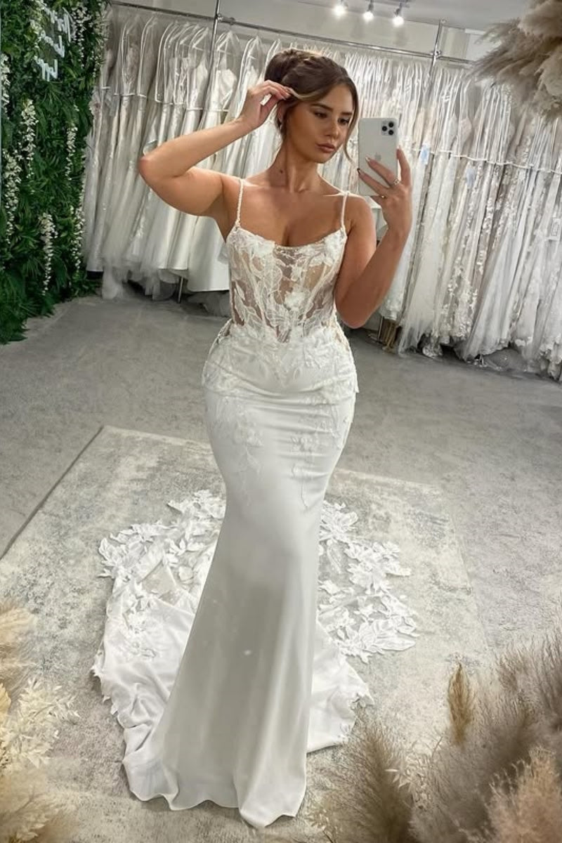 Wonderful Spaghetti Straps Tulle Appliques Mermid Wedding Dresses