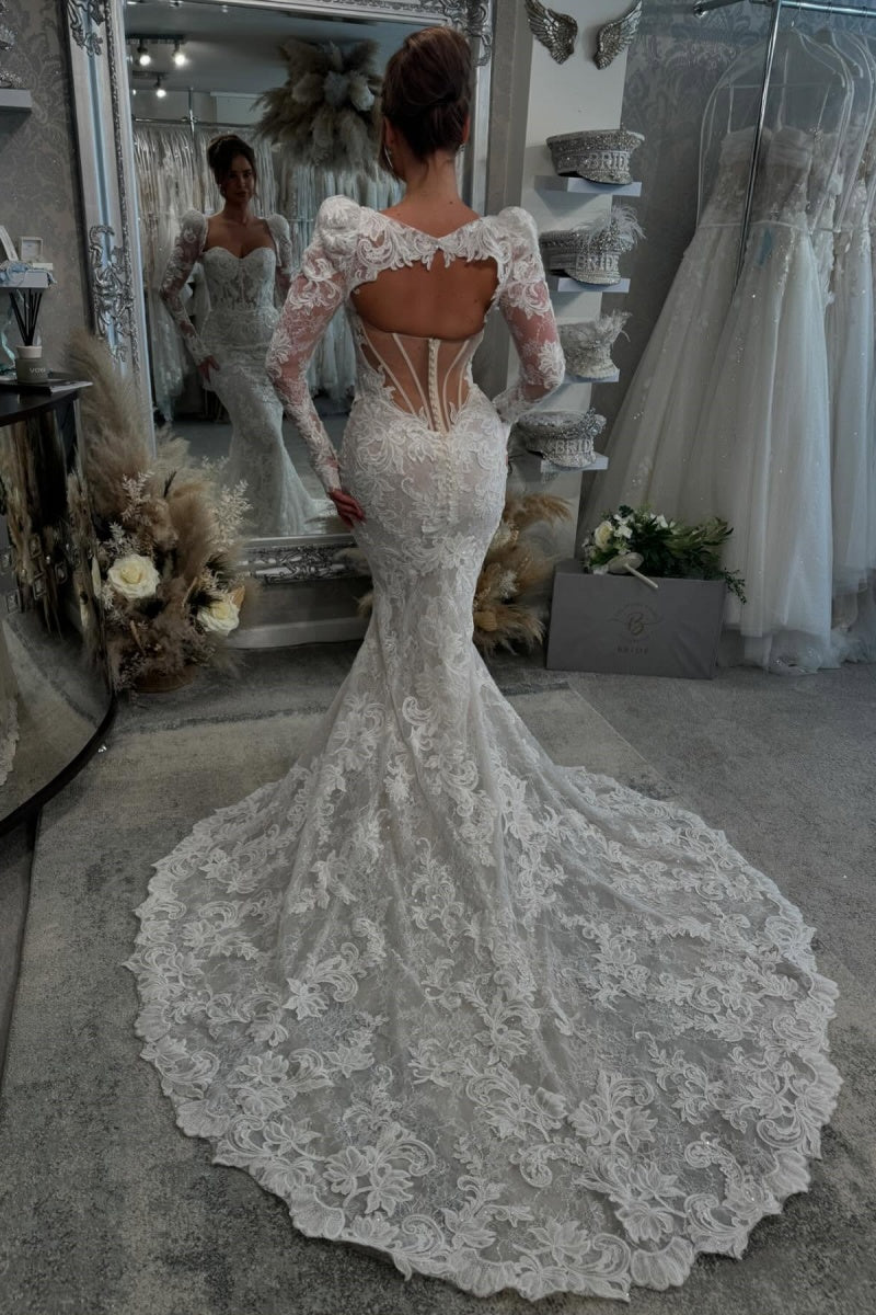 Mild Lace Sweetheart Appliques Mermid Wedding Dresses With Detahable Long Sleeves