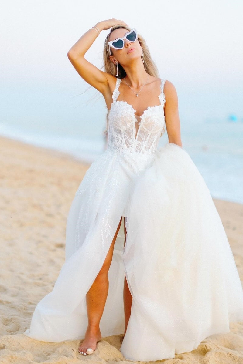 Decent Tulle Spaghetti Straps Front Slit Appliques Wedding Dresses