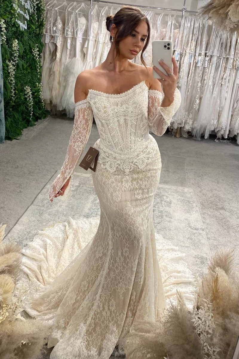 Honorable Strapless Long Sleeves Lace Mermaid Wedding Dresses