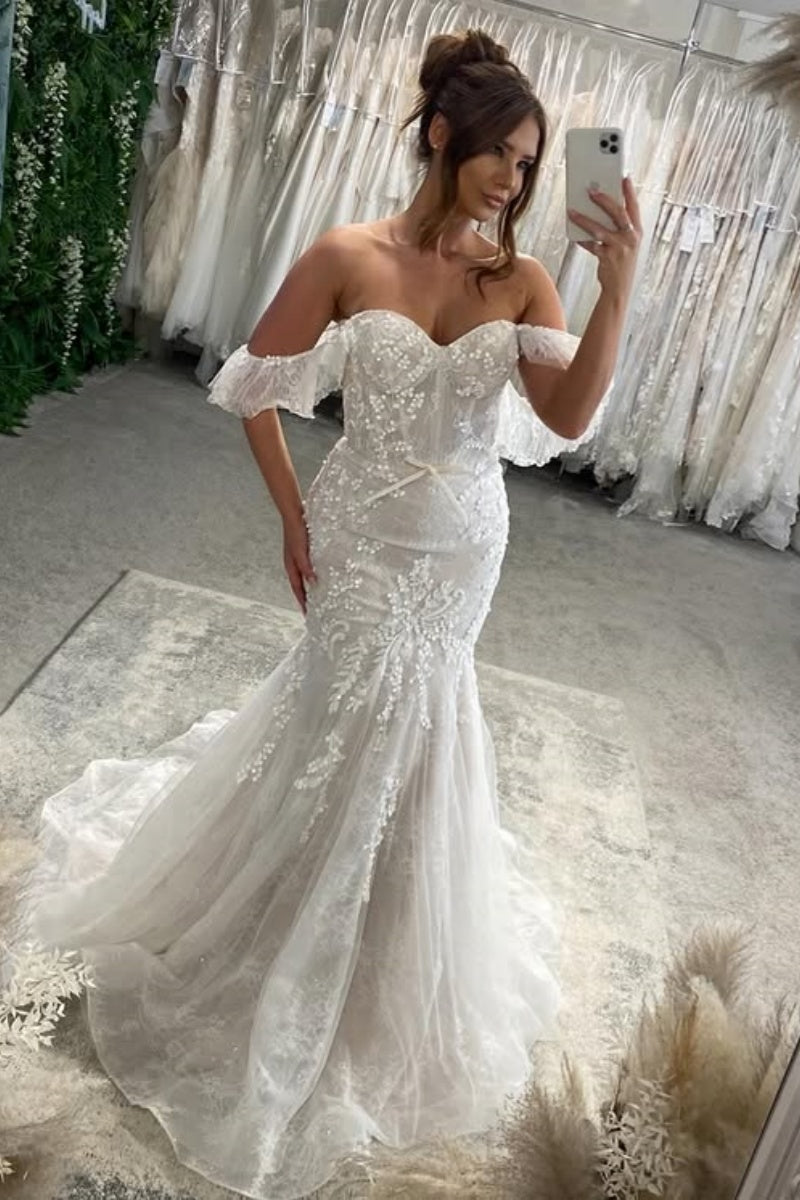 Wonderful Off-The-Shoulder Beadings Mermaid Wedding Dresses With Appliques