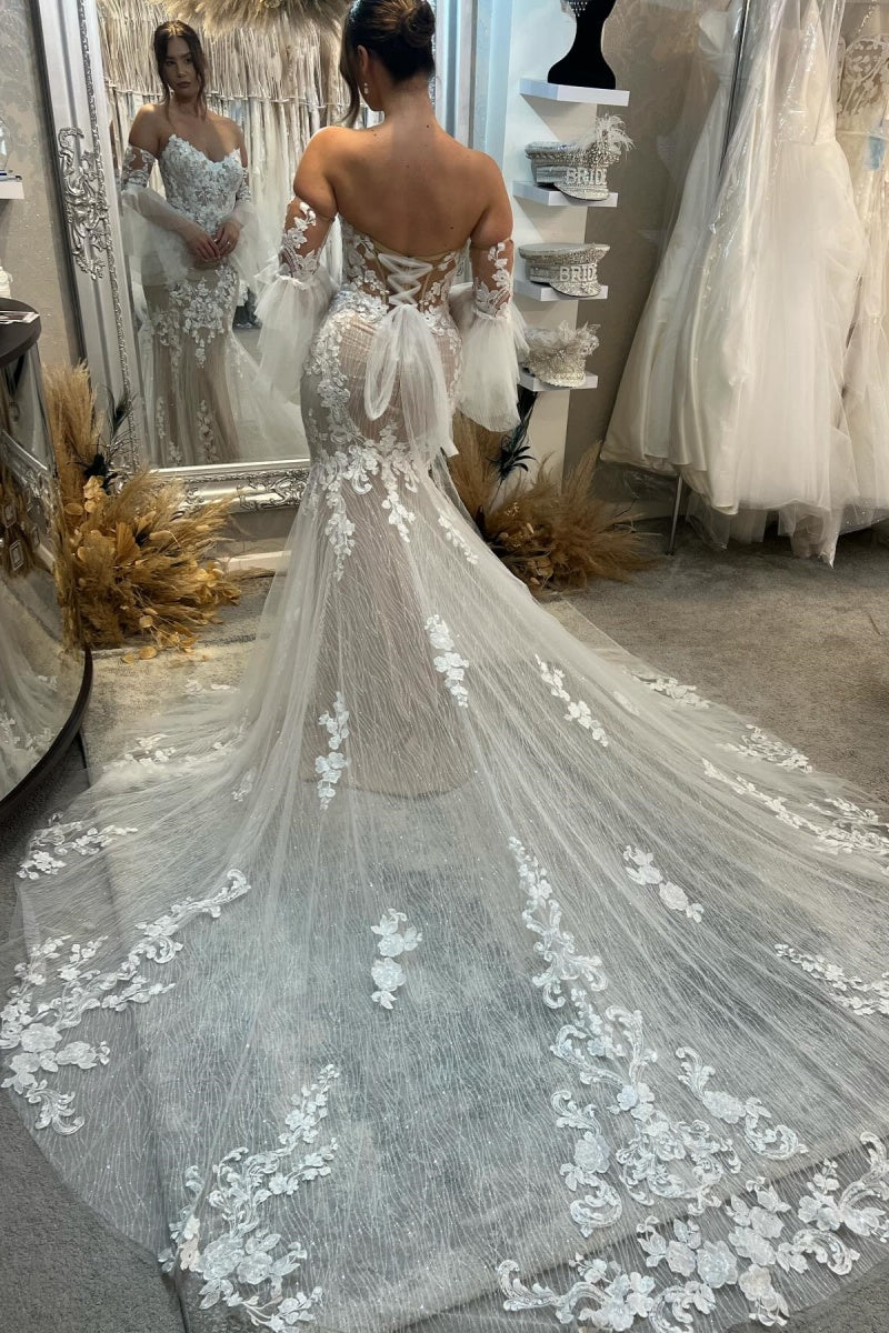 Chic Strapless Mermaid Lace Appliques Wedding Dresses With Detachable Sleeves