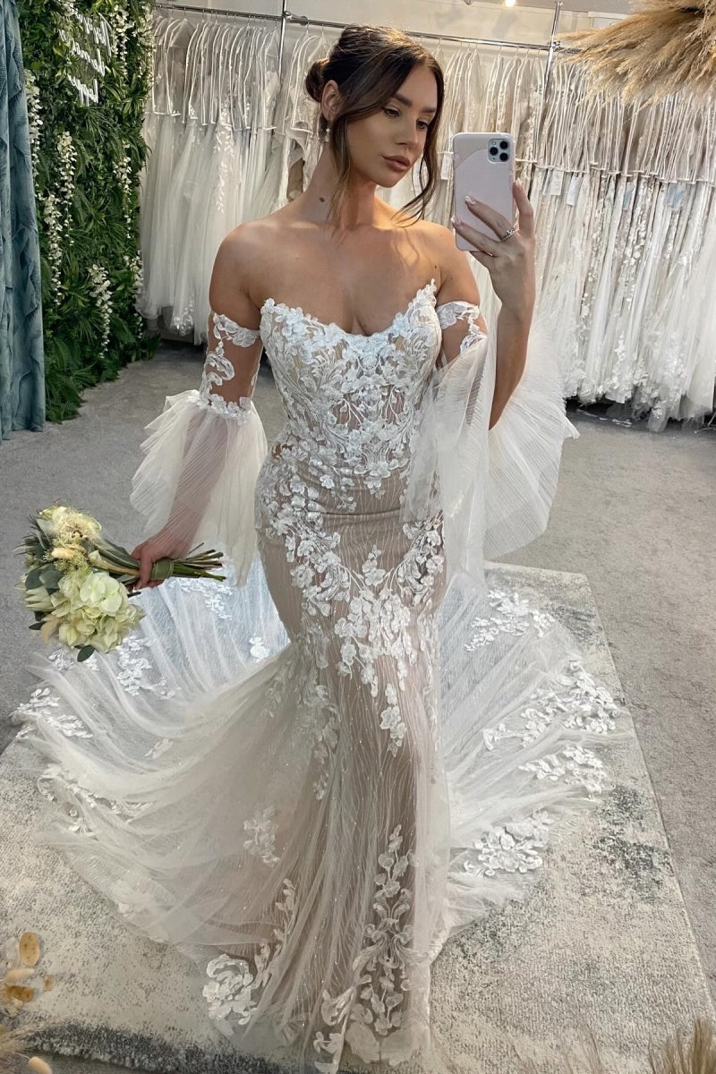 Chic Strapless Mermaid Lace Appliques Wedding Dresses With Detachable Sleeves