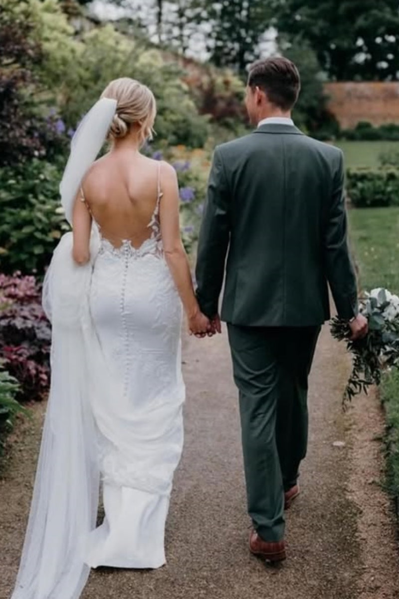 Classical V-Neck Mermaid Lace Appliques Wedding Dresses With Veil