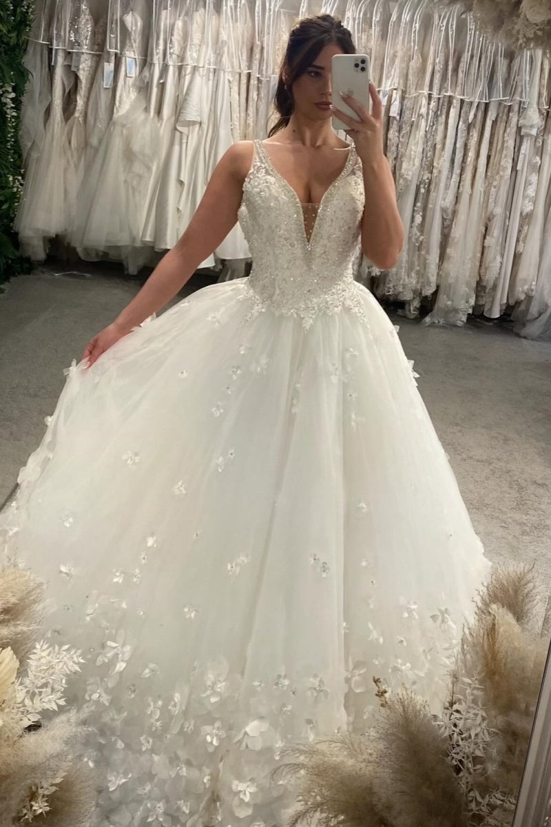 Glamorous V-Neck Appliques Lace Beadings A-Line Wedding Dresses