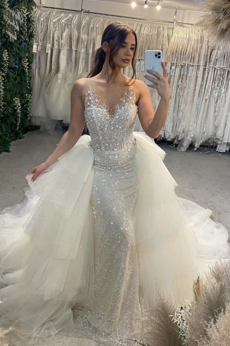 Nectarean V-Neck Beadings Mermaid Wedding Dresses With Detchable Puffy Train